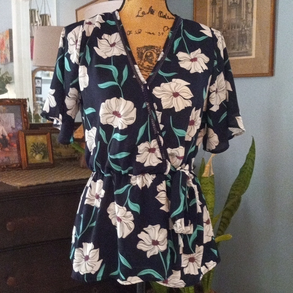 Sienna Sky Navy Blue Multicolored Floral Print Faux Wrap Peplum Blouse